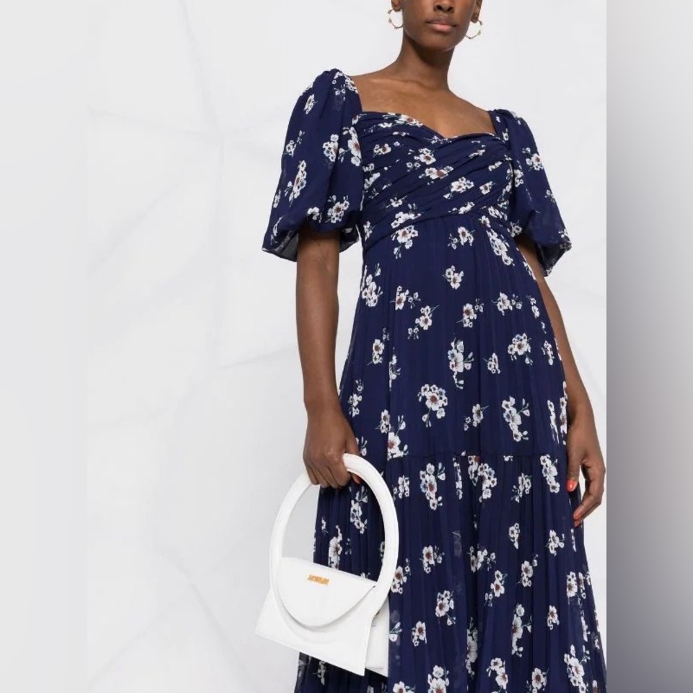 self portrait pleated chiffon maxi dress Self-Portrait | Dresses | Selfportrait Pansy Print Floral Tailored boucle Width:EEE milkmaid dress Modest Navy Blue Maxi A dainty diamanté belt